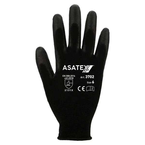 Asatex Arbeitshandschuh 3702 – PU-beschichteter Handschuh, schwarz, EN 388, Kat. II