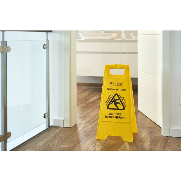 Warnschild „Caution Wet Floor“ – Doppelseitig, Gelb-schwarz, Freistehend, Leicht