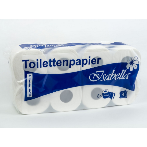 Toilettenpapier 3-lagig, 250 Blatt/Rolle, Zellstoff geprägt 8 Rollen/Pack